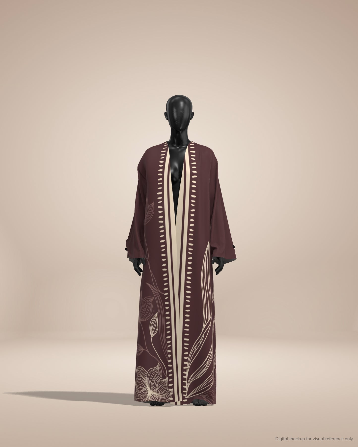 Long brown dress with white floral patterns on a mannequin against a beige background