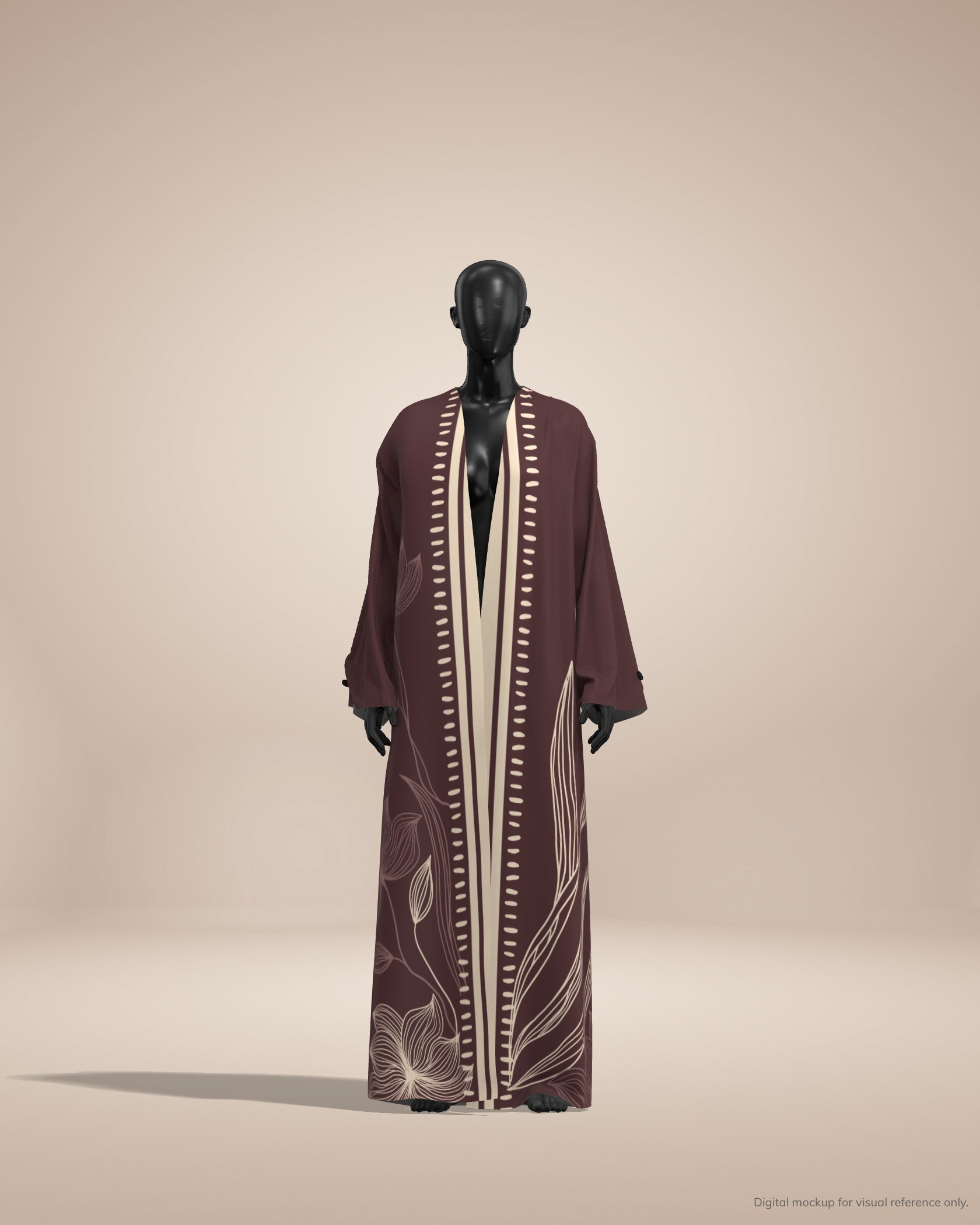 Long brown dress with white floral patterns on a mannequin against a beige background