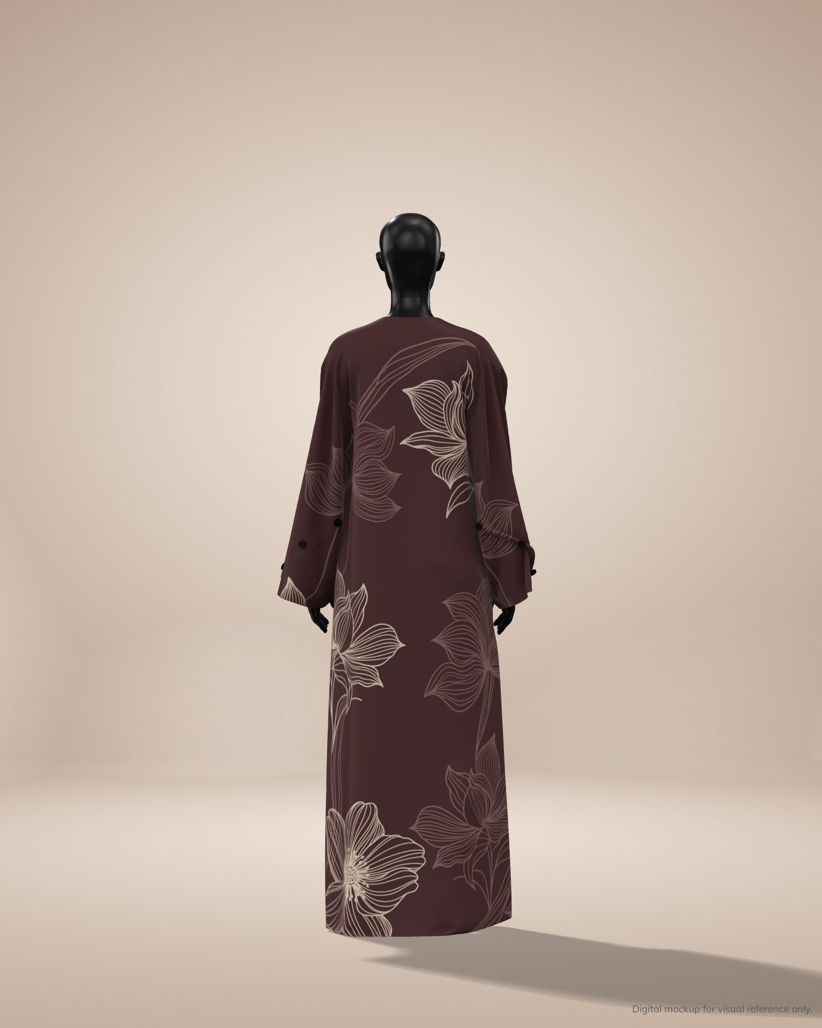 Maroon/brown abaya dress with floral patterns on a beige background