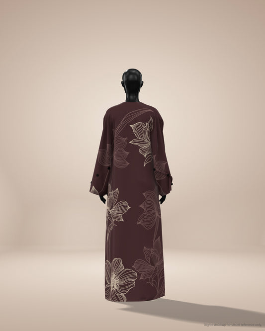 Maroon/brown abaya dress with floral patterns on a beige background