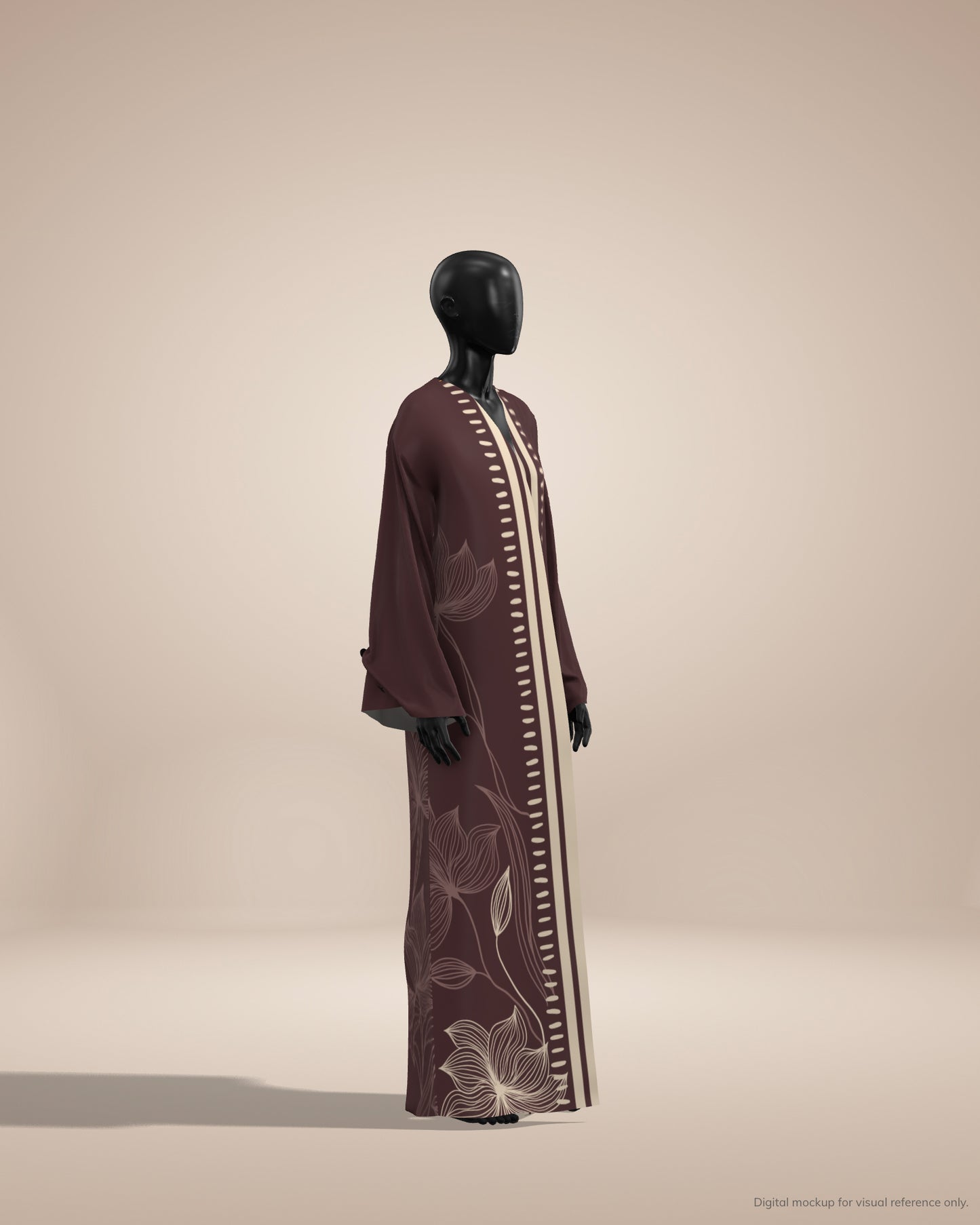 Brown Abaya dress with floral embroidery on a mannequin against a beige background
