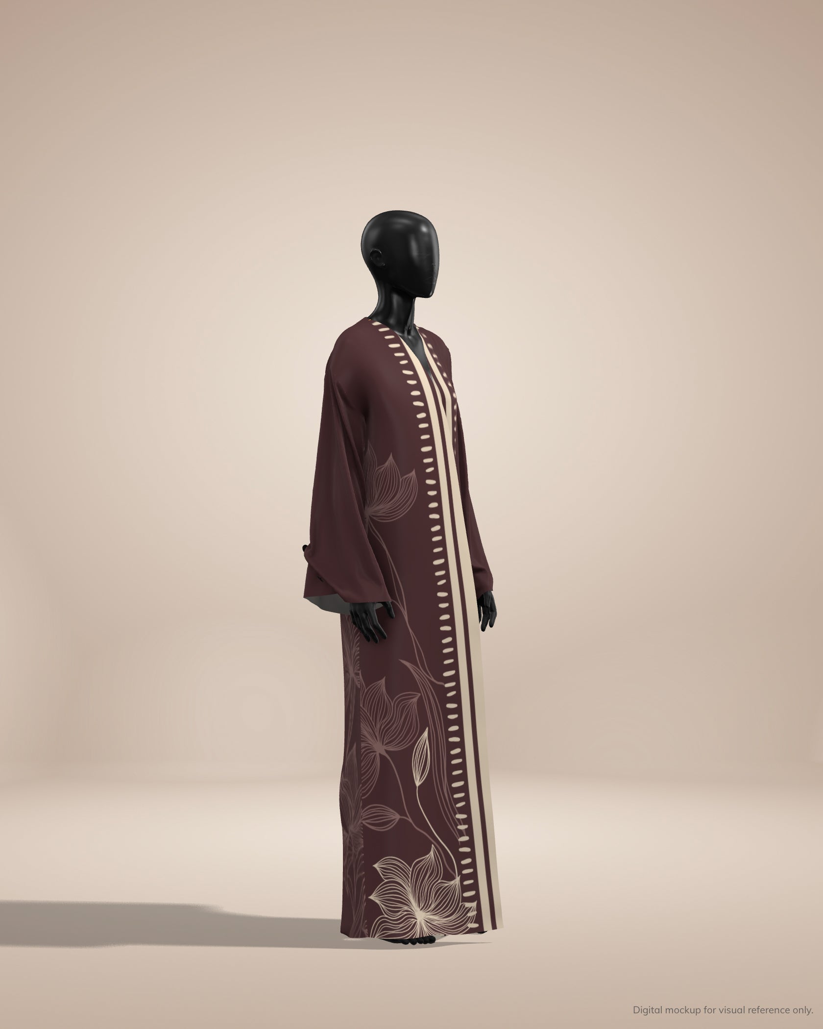 Brown Abaya dress with floral embroidery on a mannequin against a beige background